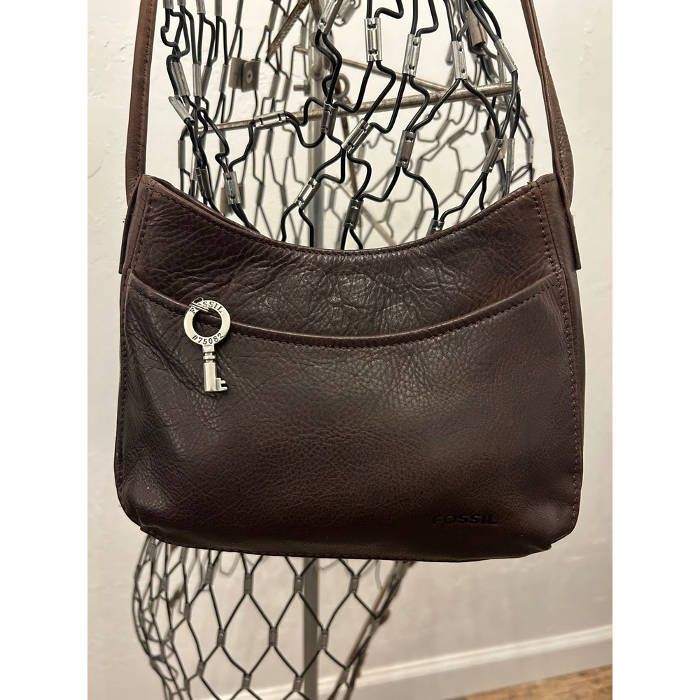 Fossil Dark Brown Pebbled Leather Small Crossbody Bag with Key Charm